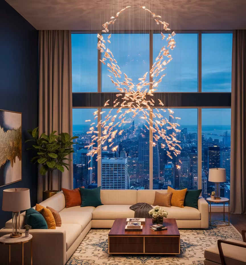 Flamenco amber and clear glass spiral chandelier in a high ceiling city living room