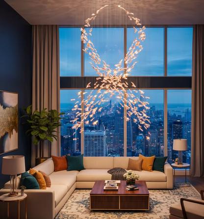 Flamenco amber and clear glass spiral chandelier in a high ceiling city living room