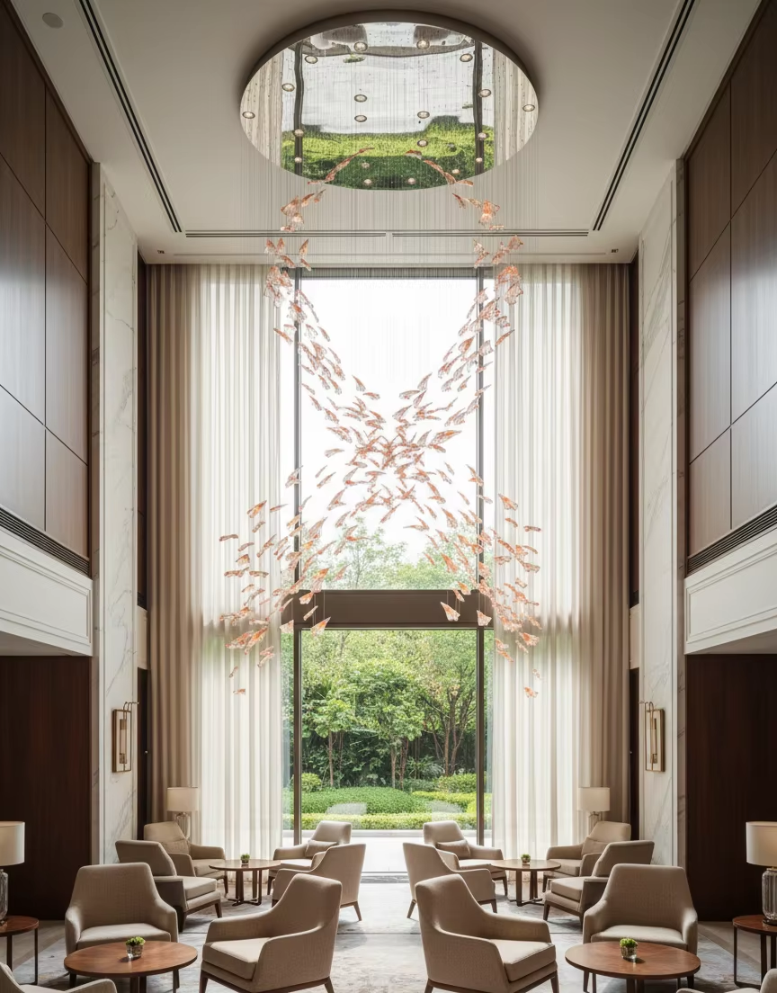 Flamenco custom glass spiral chandelier for atrium villa lobby and high ceiling interiors