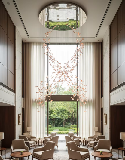 Flamenco custom glass spiral chandelier for atrium villa lobby and high ceiling interiors