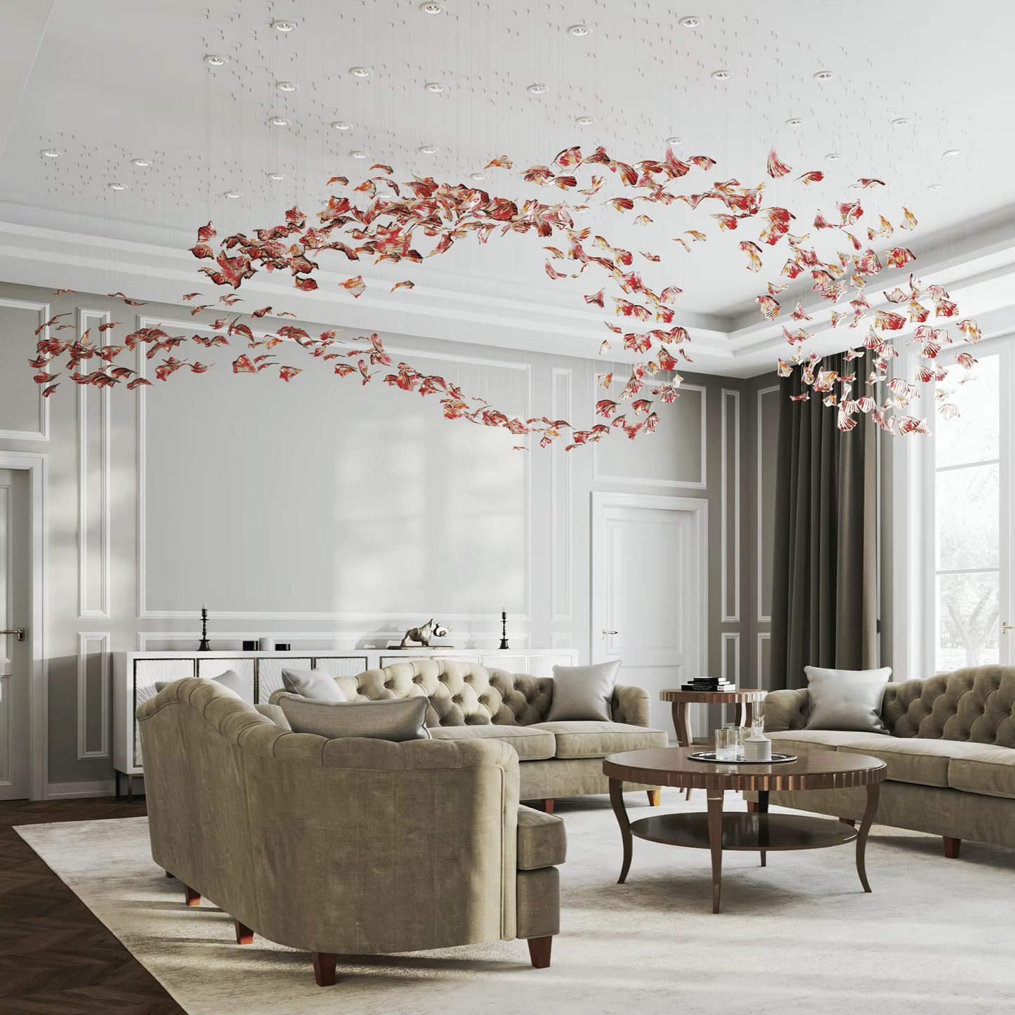 Flamenco glass leaf chandelier installation above a luxury living room ceiling