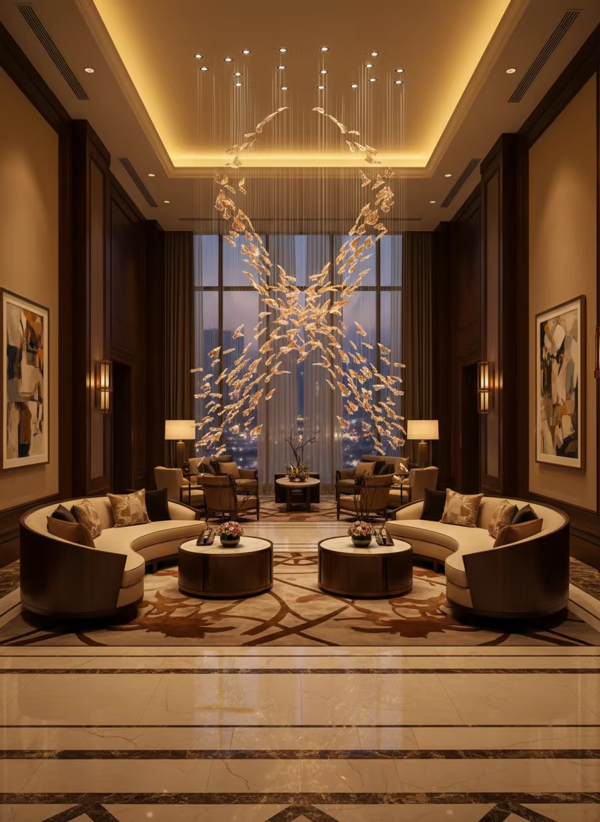 Large Flamenco amber glass chandelier for hotel lobby and high ceiling lounge