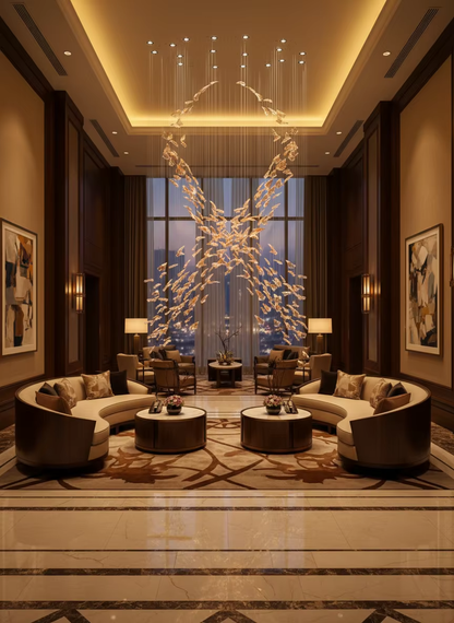 Large Flamenco amber glass chandelier for hotel lobby and high ceiling lounge