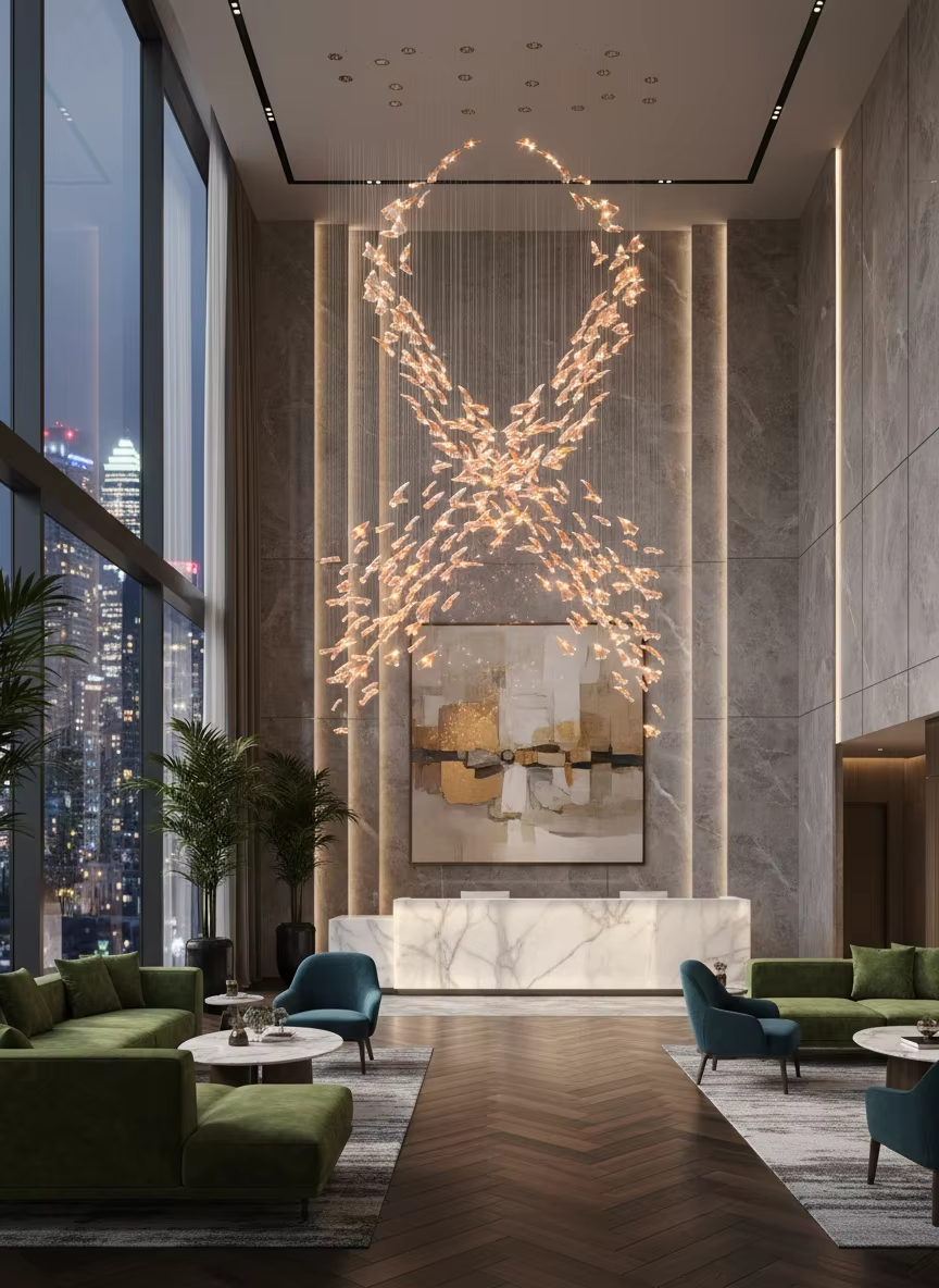 Flamenco spiral glass chandelier in a modern reception lounge with amber clear glass pieces