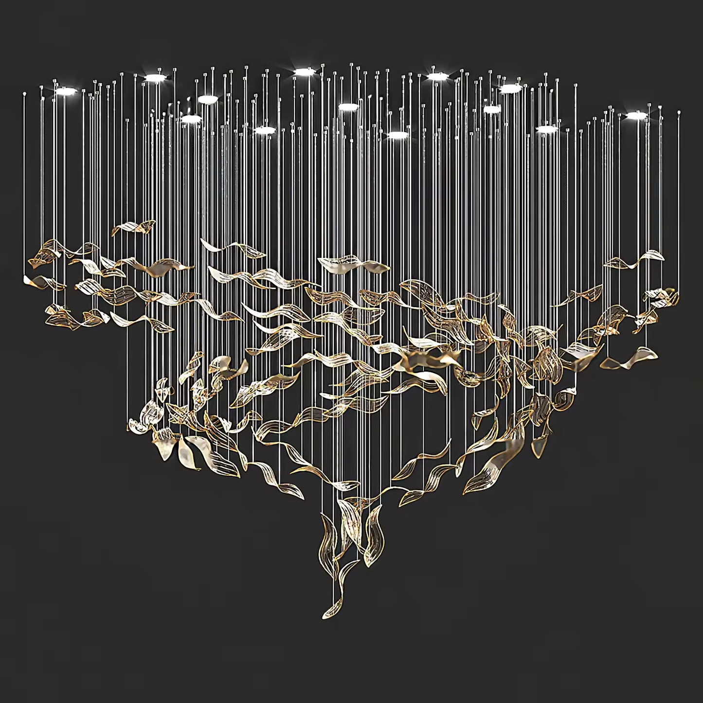 Fluttering Leaves chandelier on dark background showing suspended glass leaves