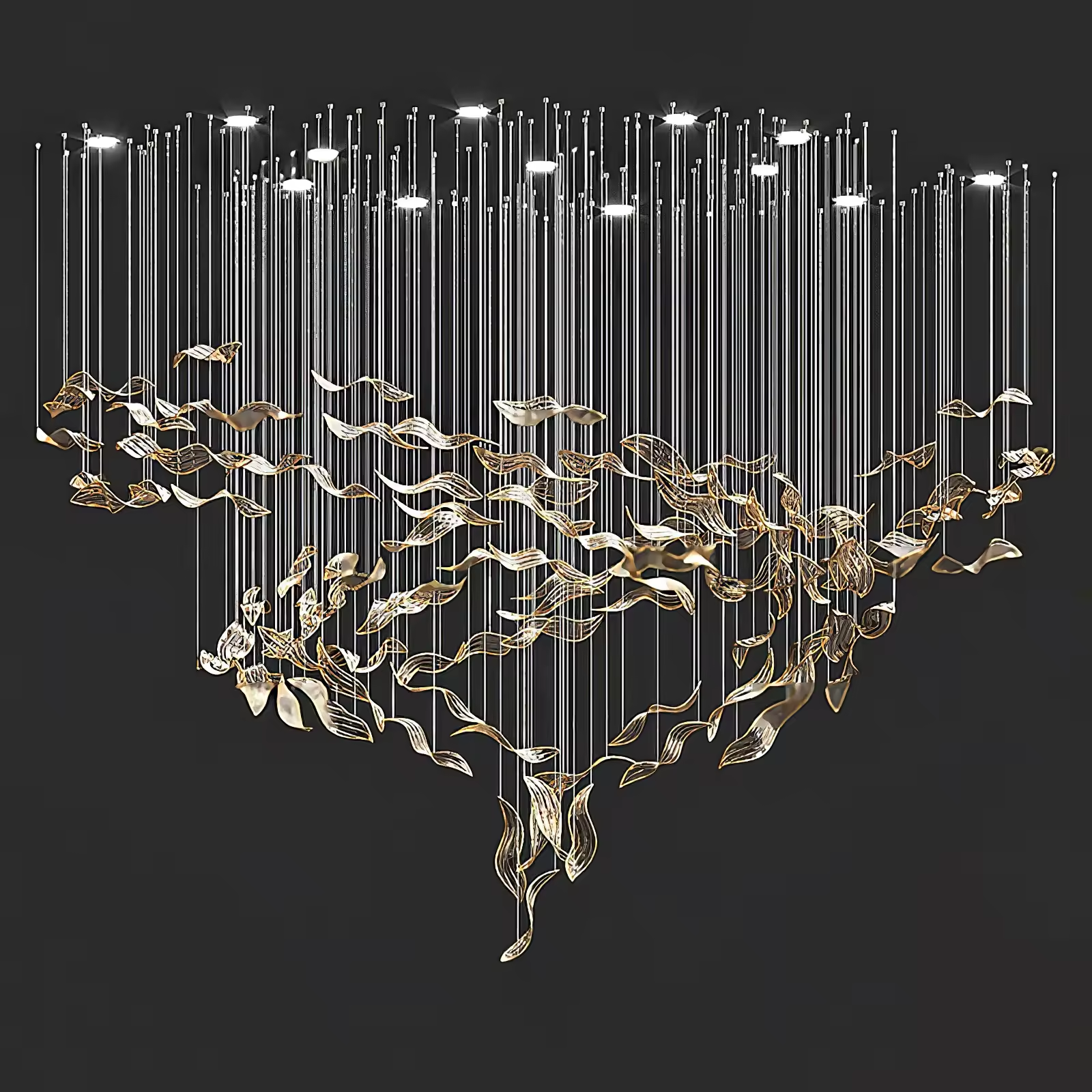 Fluttering Leaves chandelier on dark background showing suspended glass leaves