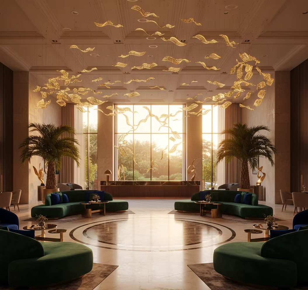 Gold glass leaf chandelier installed in a luxury hotel lobby