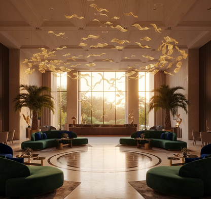 Gold glass leaf chandelier installed in a luxury hotel lobby