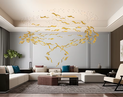 Gold leaf chandelier in modern living room