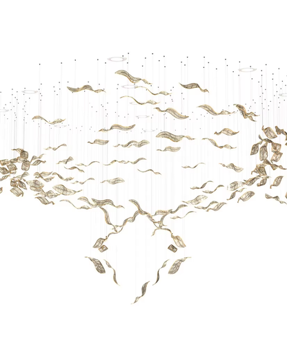 Wide view of gold glass leaf chandelier with custom layout