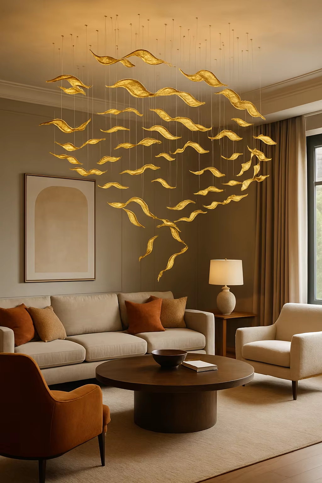 Fluttering Leaves gold chandelier in warm lounge interior