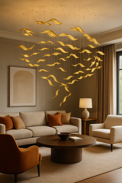Fluttering Leaves gold chandelier in warm lounge interior