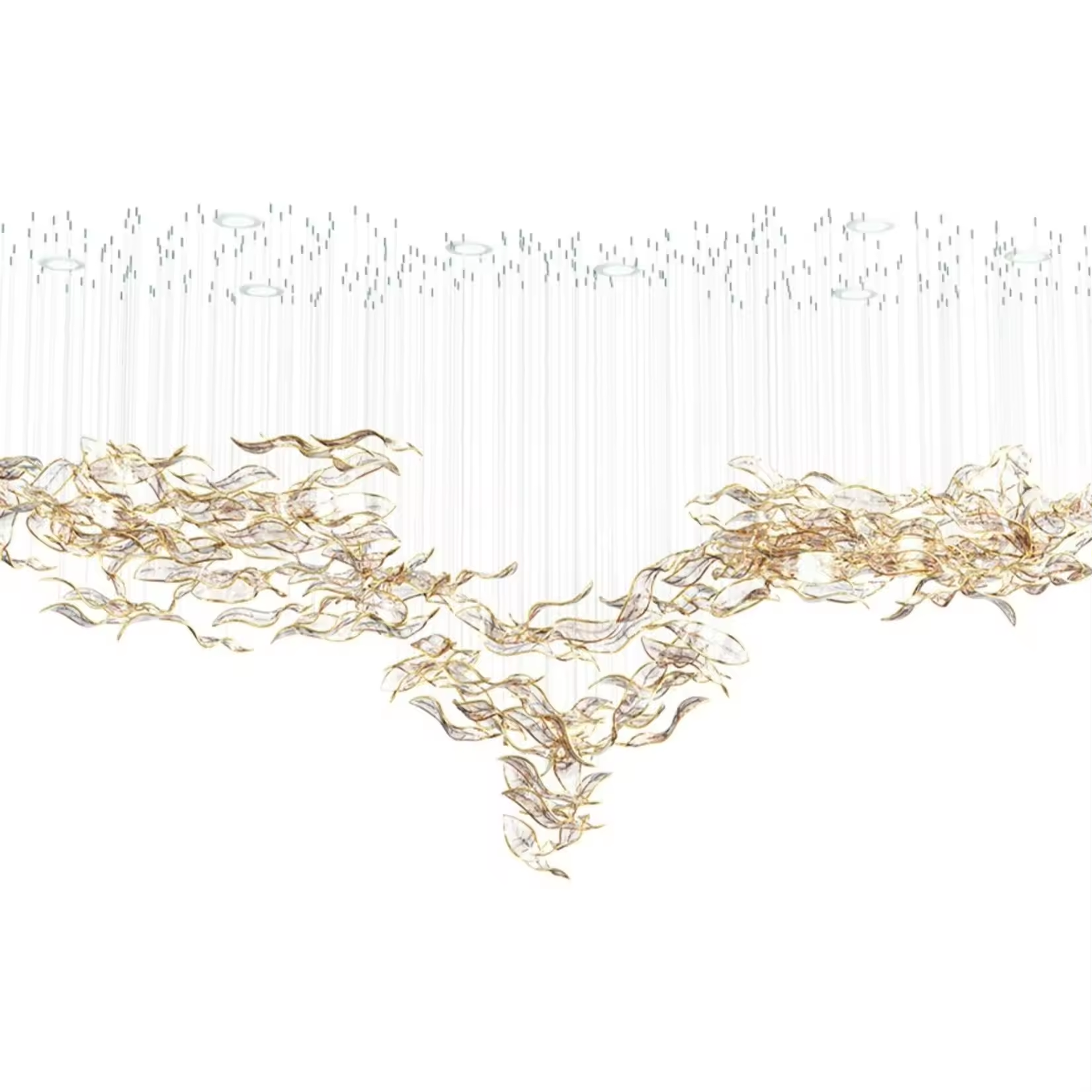 Long custom gold glass leaf chandelier for luxury interiors