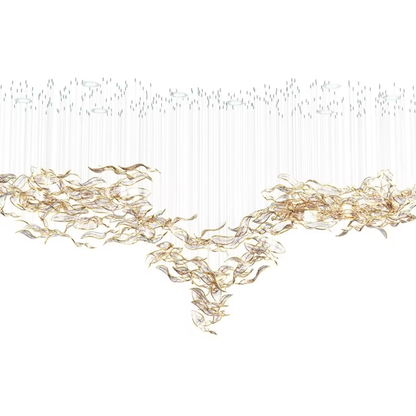 Long custom gold glass leaf chandelier for luxury interiors
