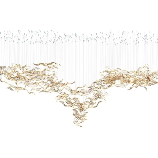 Long custom gold glass leaf chandelier for luxury interiors